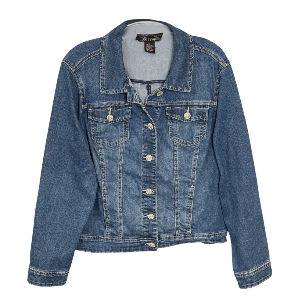 Baccini Denim Jacket Womens Blue Rhinestone Button Stretch Trucker Glam XL